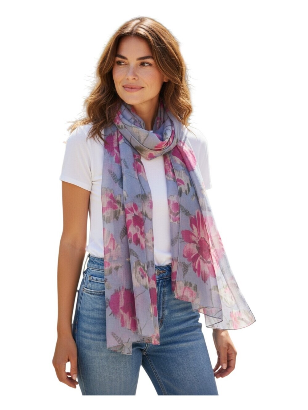 Womens Vintage Pink Floral Print Lightweight Chiffon Scarf